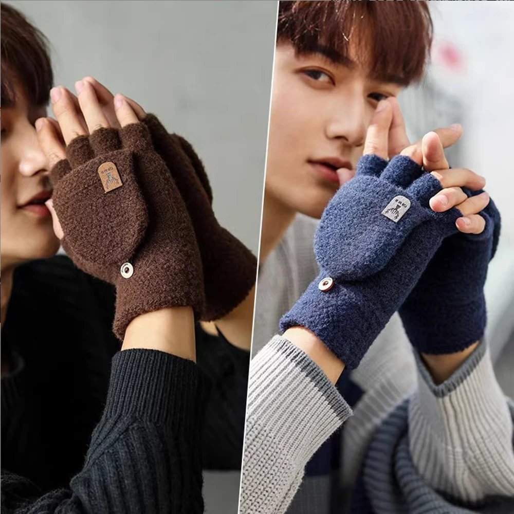 قفازات شتوية للرجال قفازات جاكار محبوكة سميكة دافئة مقاومة للرياح نصف إصبع على الطراز الكوري قفازات مكتب للكتابة