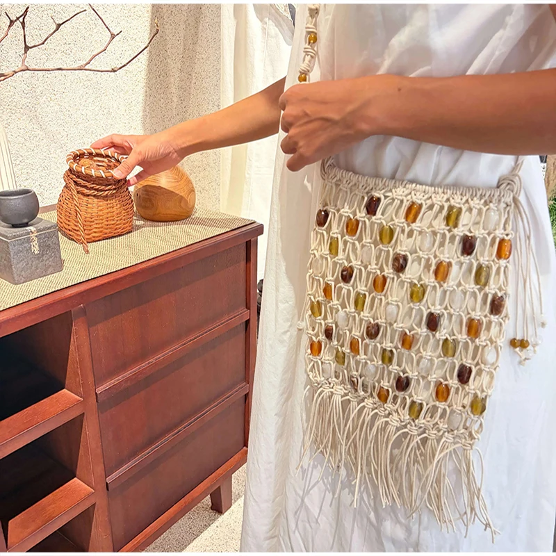 Bunte Ethnische Boho-Tasche mit Perlen und Gewachstem Seil, Gewebte Crossbody-Schultertasche, Ausgehöhlte Lässige Strand-Urlaubshandtasche, Leichte Handtasche – Detail 11