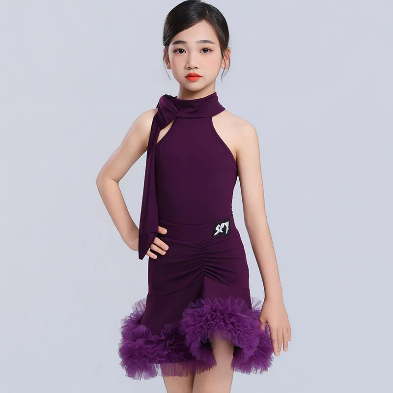Red Velvet Latin Dance Suit For Kid Performance Show Outfit Halter Bodysuit Flounce Skirt Girl Rumba ChaCha Dancing Clothes