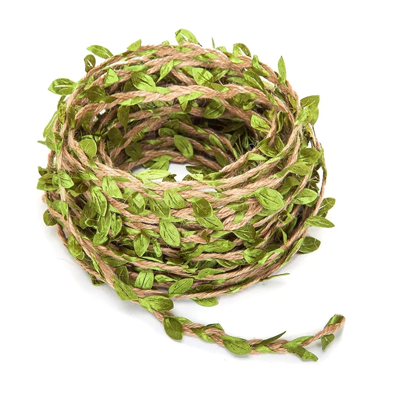 Guirnalda de Hojas Verdes Artificiales con Cuerda de Yute para Manualidades, Decoración para Bodas, Hogar, Fiestas y Paredes