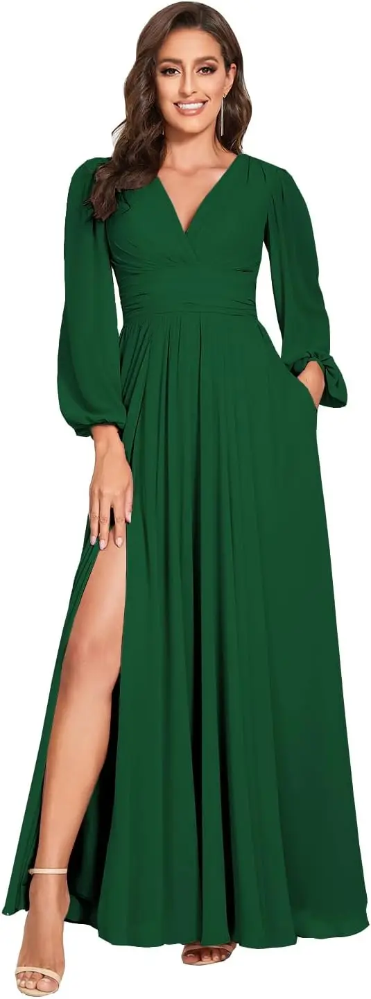 

Women's V-Neck Bridesmaid Dresses with Long Sleeves Split Pleats Chiffon Formal Evening Party Dress for Wedding VT001