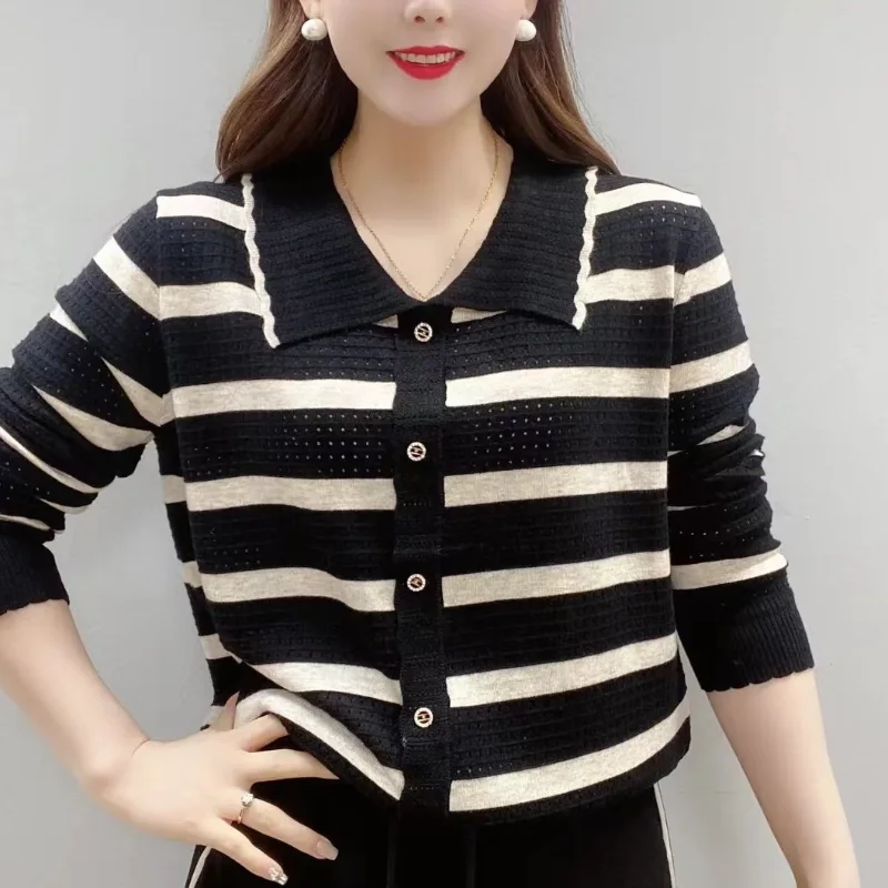 Women Lapel Striped Knit Sweater Hollow Out Long Sleeve Loose Slim Fit Casual Versatile Top