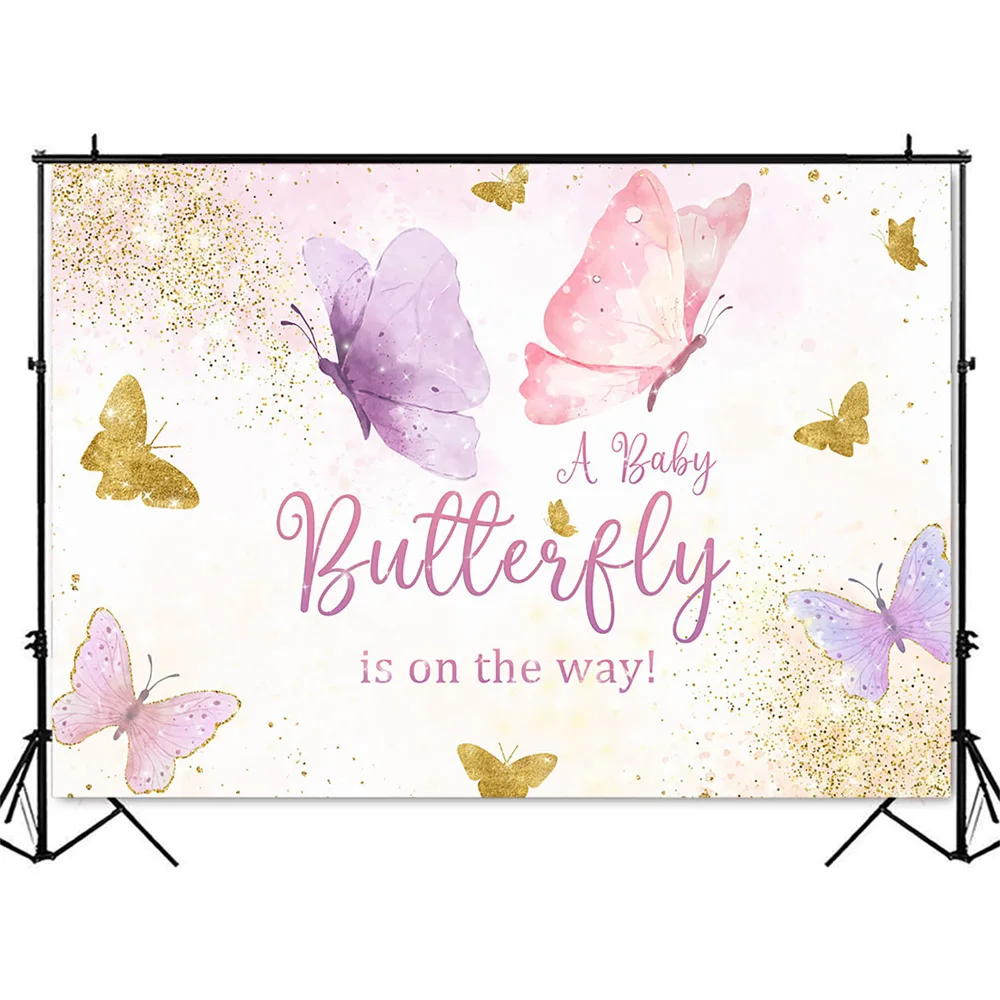 A Butterfly is on the way Background Baby Shower Gender Reveal Photo Booth Backdrop Garden Floral Butterfly Theme Party Decor