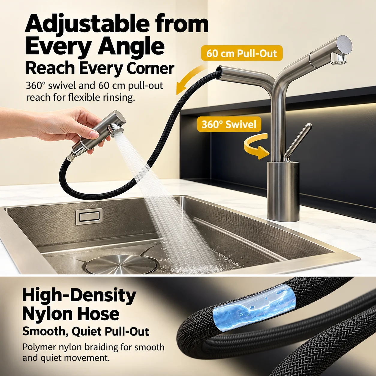 Brass Kitchen Faucet with Pull Out 2 Modes Sprayer (Stream / Spray) Hot Cold 360° Swivel Sink Mixer Tap with 60cm Hose Gun Grey