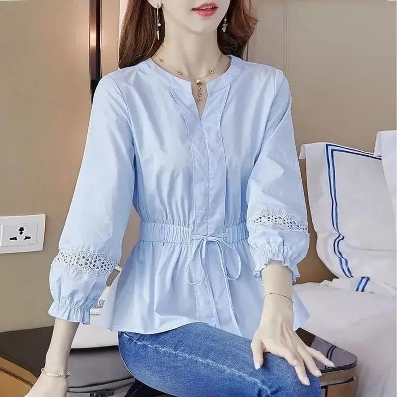 Spring New Drawstring Loose Hollow Out Blouse Solid Color Lacing Pleated All-match Shirt Tops Elegant Vintage Women Clothing