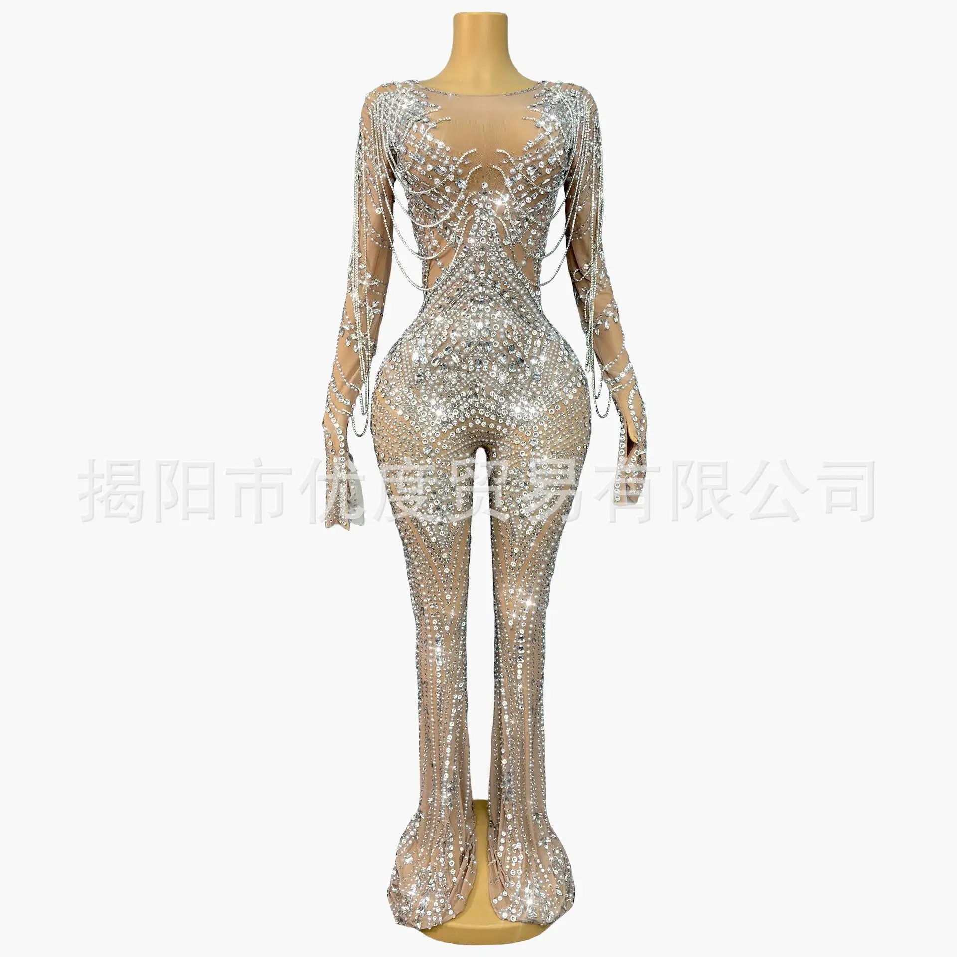 2026 الصناعة الثقيلة حجر الراين متوهج السراويل مثير منظور شبكة الماس سلسلة الأداء دعوى مرحلة الأداء فستان بذلة #1