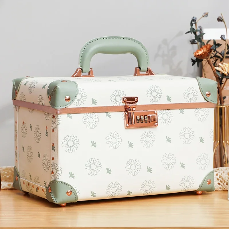 New Portable Vintage Password Makeup Box Storage Large Capacity Double Leather Suitcase Cute Cosmetics Luggage Bag with Mirror