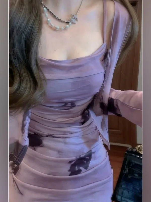 Retro Chinese Style Autumn Purple Watercolor Strap Dress Two-Piece Set Slimming Gown Elegance Long Sleeve Knitted Fairy Skirt