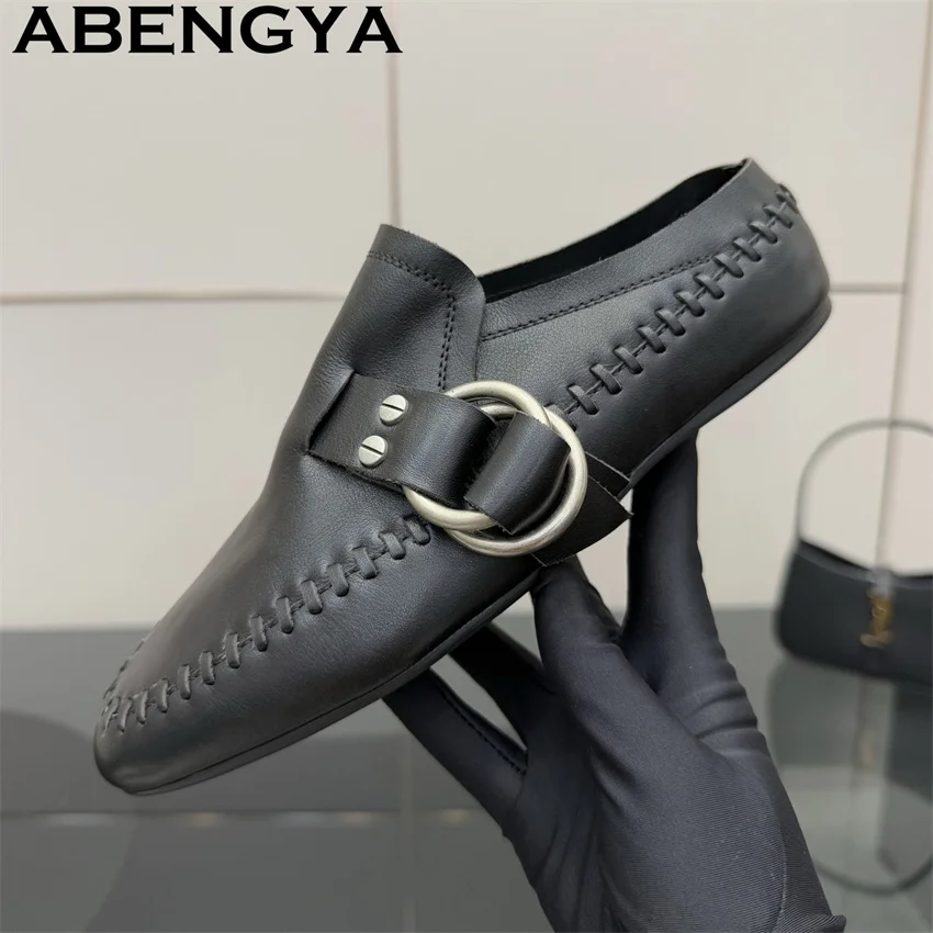 

Черно-белые тапочки на плоской подошве из натуральной кожи, женские качественные повседневные шлепанцы с круглым носком, летние модные лоферы, женская обувь ﻿