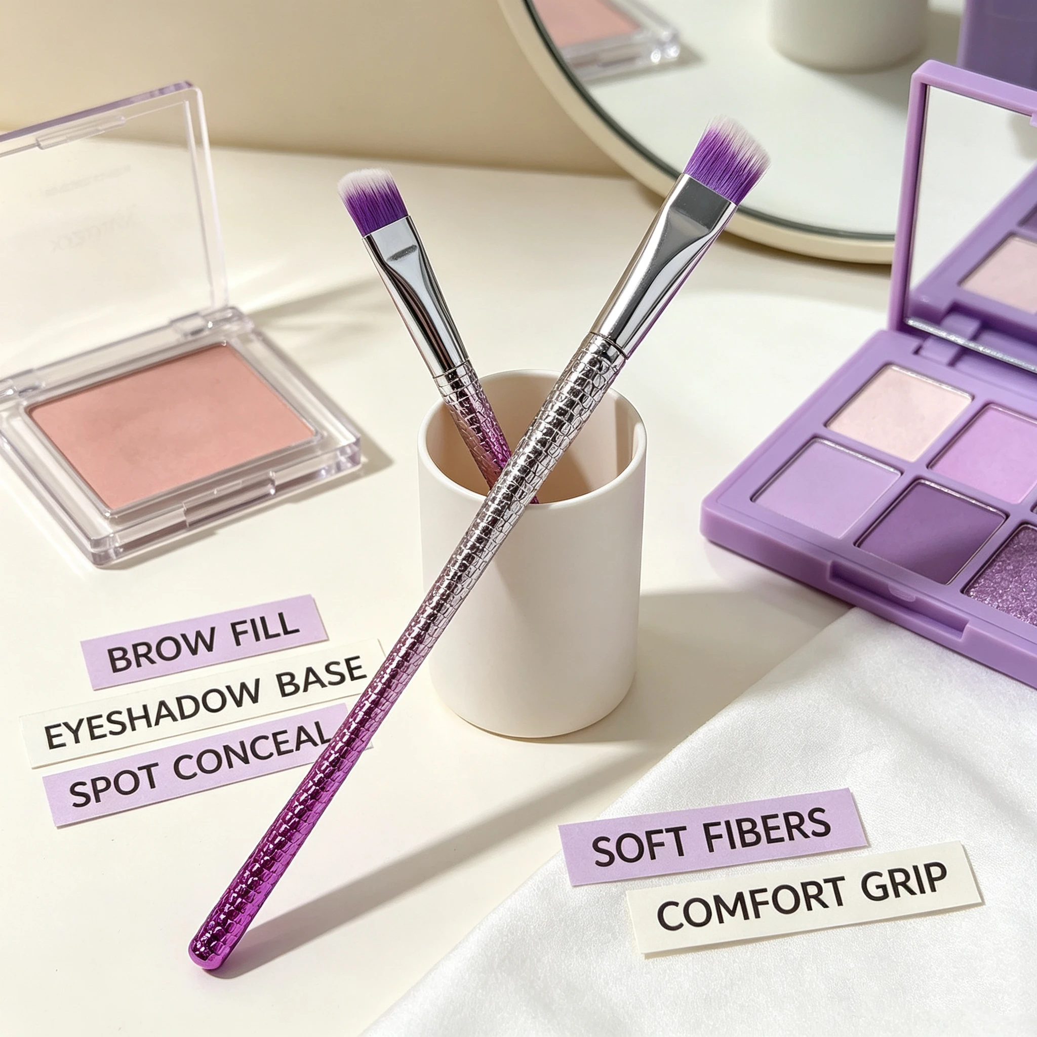 Flat-top brush with soft fibers for gentle powder pickup; a versatile makeup tool for eyebrow application and more.