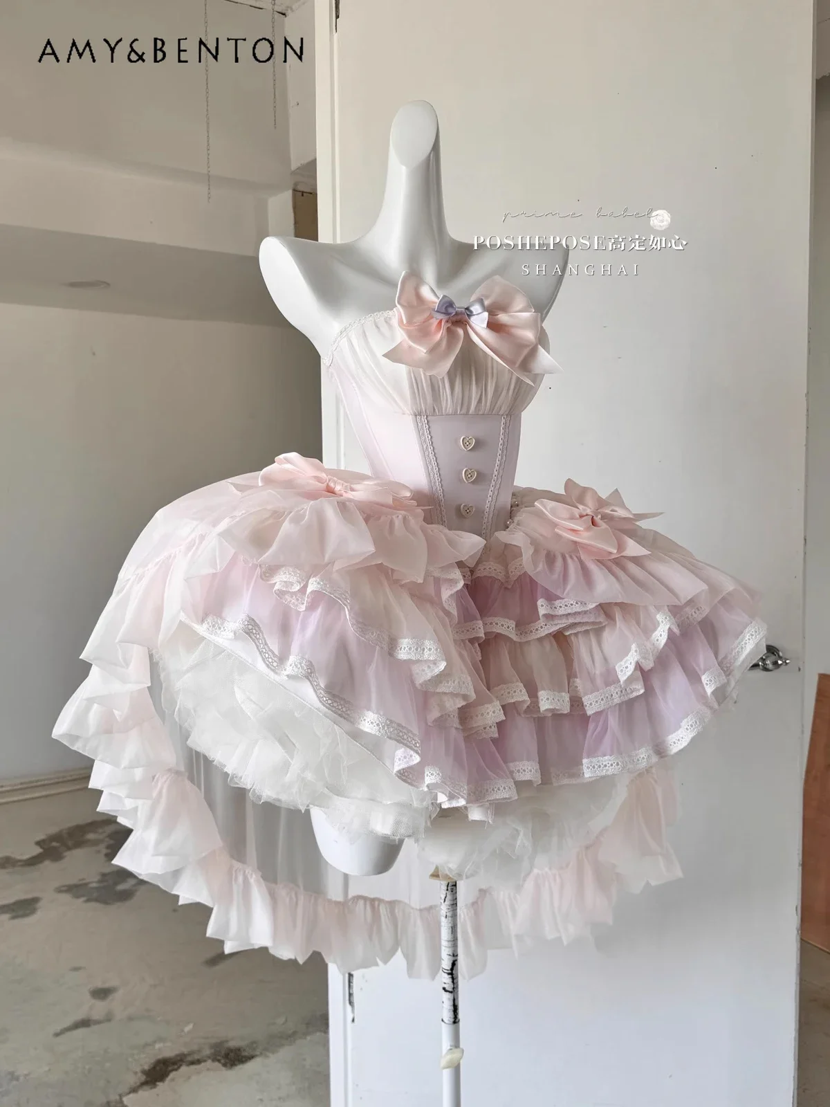 

Temperament Ballet Style Lolita Tutu Dress High Sense Sexy Off Shoulder Bow Fishbone Slim Multi-layer Mini Dress Evening Dresses