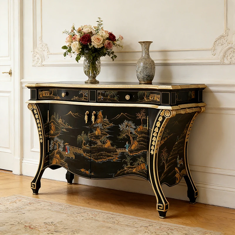 Antique French solid wood living room dining side cabinet color painted entrance furniture