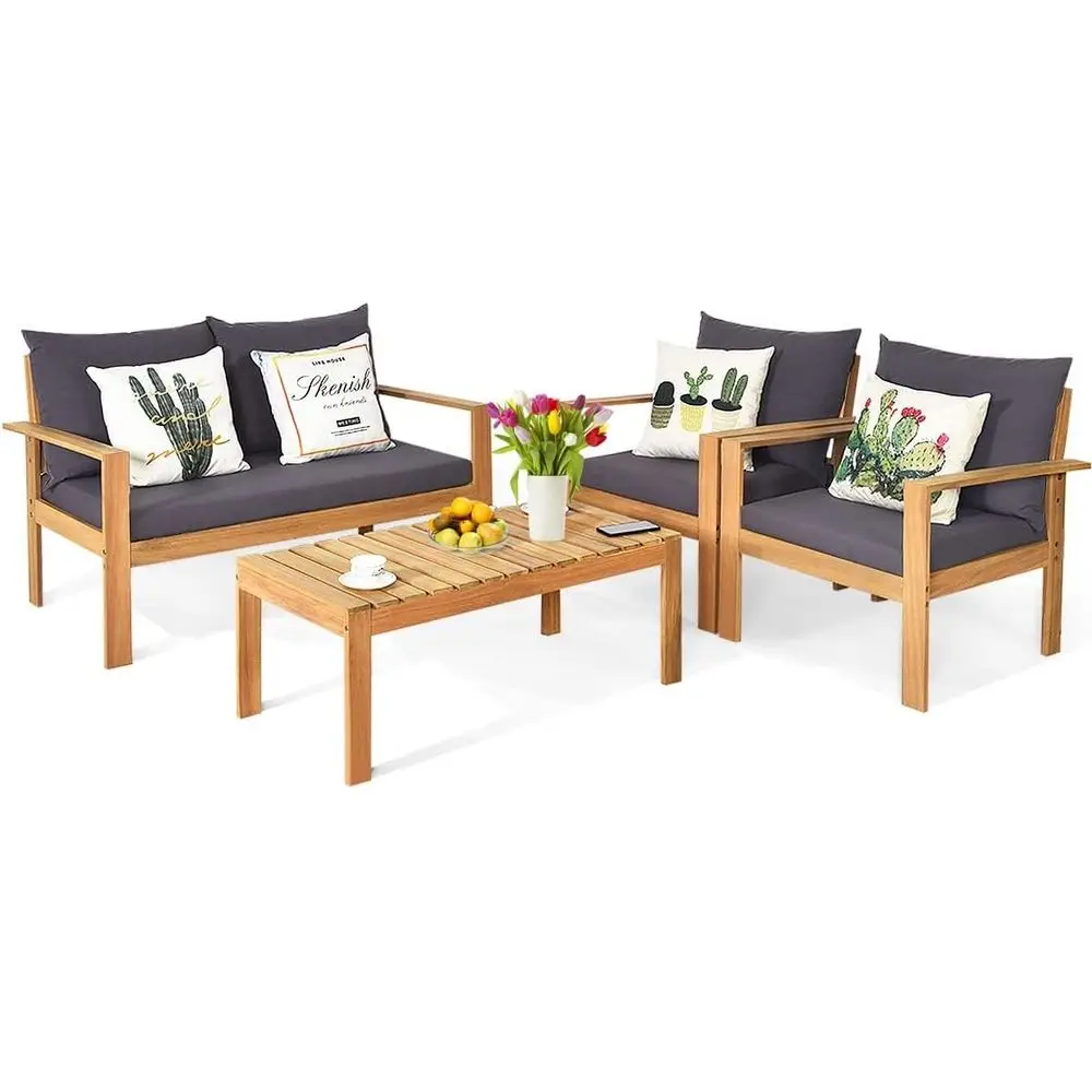 4 Pieces Wood Patio Contion Set, Outdoor urniture Soa Table Set, Cushions, Acacia Wood Chairs & Coee Table Set or Garden Backyar
