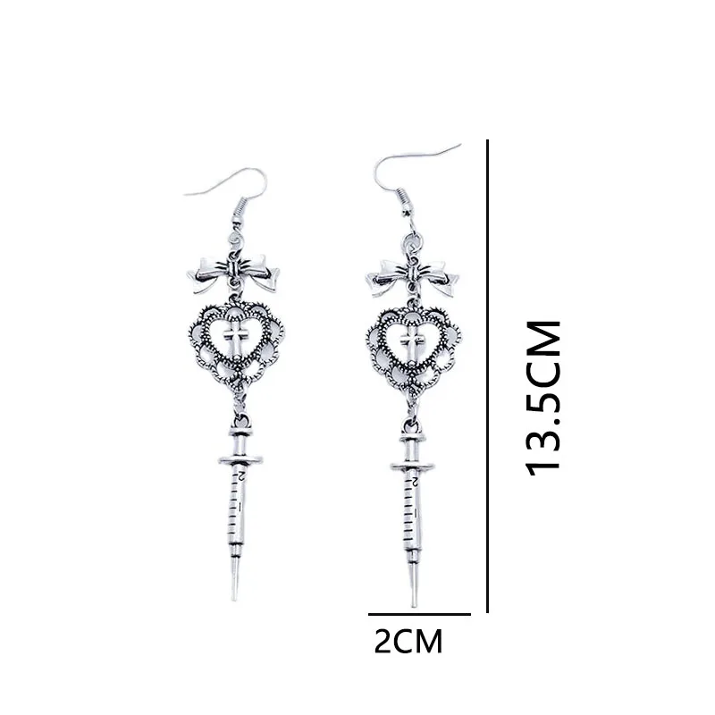 Retro Gothic Hollow Cross Pendant Earrings Creative Nurse Syringe Pendant Earrings Bow Accessories Women's Earrings Gift Party