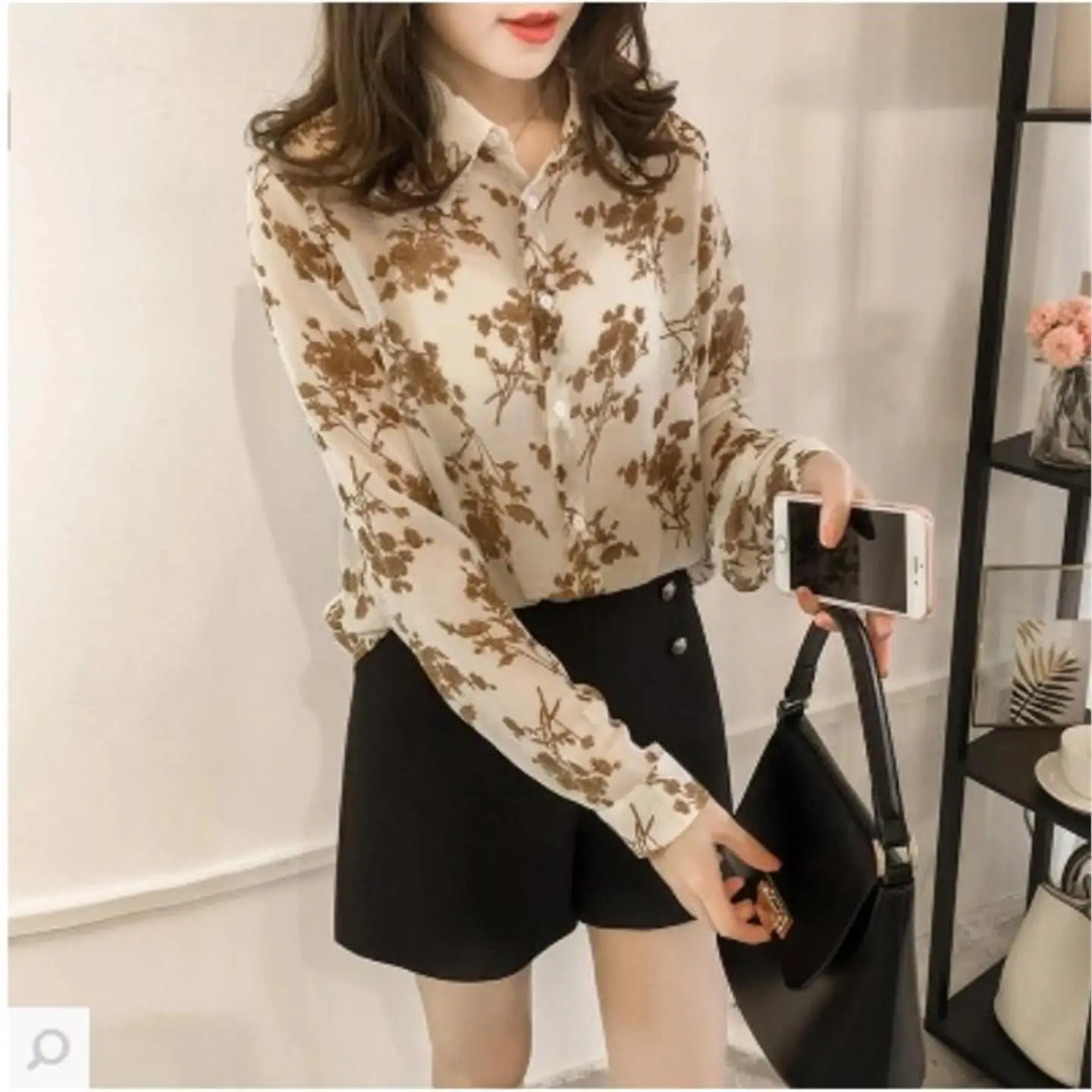 

Elegant Loose Printed Long Sleeve Shirt Women's Base Layer Korean Style Spring Autumn New Arrival Slimming Effect Commute Style