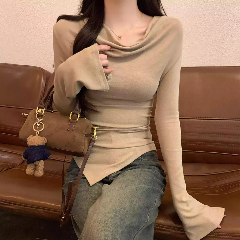 Damen Slim Fit Langarm-Oberteil mit Wasserfallausschnitt, Schulterfreies Design, Unregelmäßiger Saum, Bodycon-T-Shirt, Lässige Y2K Streetwear Bluse – Detail 9