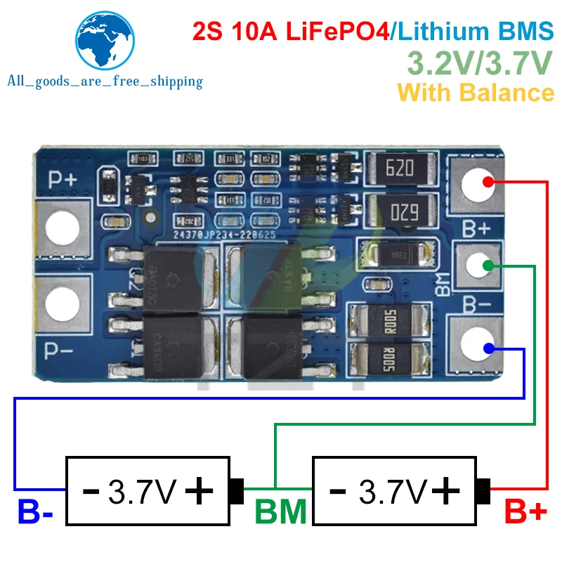 TZT BMS 2S 3.2V 3.7V 10A LiFePO4 / Lithium Battery Charge Protection Board 6.4V 7.2V 18650 32650 Battery Packs With Balance