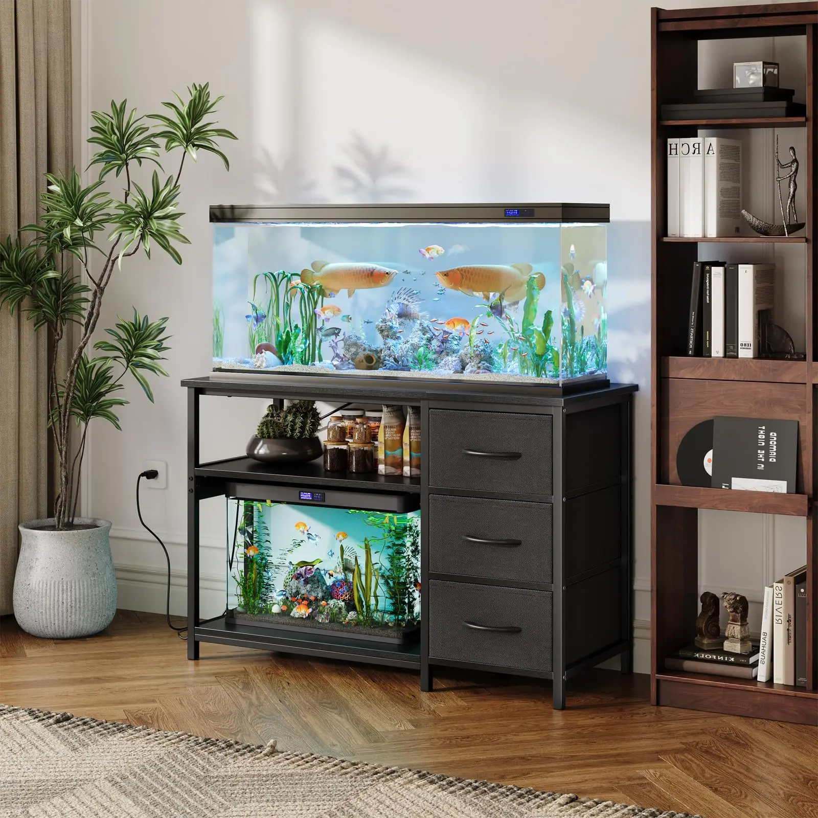 Heavy-Duty Aquarium Stand for 55–75 Gallon Fish Tank - Dual-Tier Metal Frame Cabinet w/ Storage Drawers & Shelves - LED