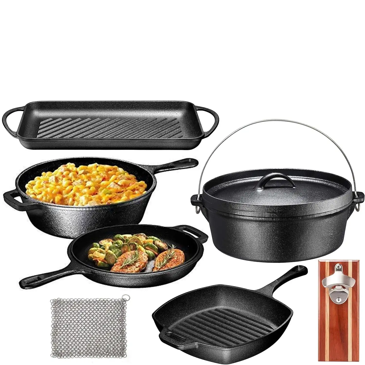 Pre-Seasoned  Cast Iron Cookware Set w/Multi Cooker, Grill Pan, Dutch Oven Perfect for indoor cooking, camping, barbecuing