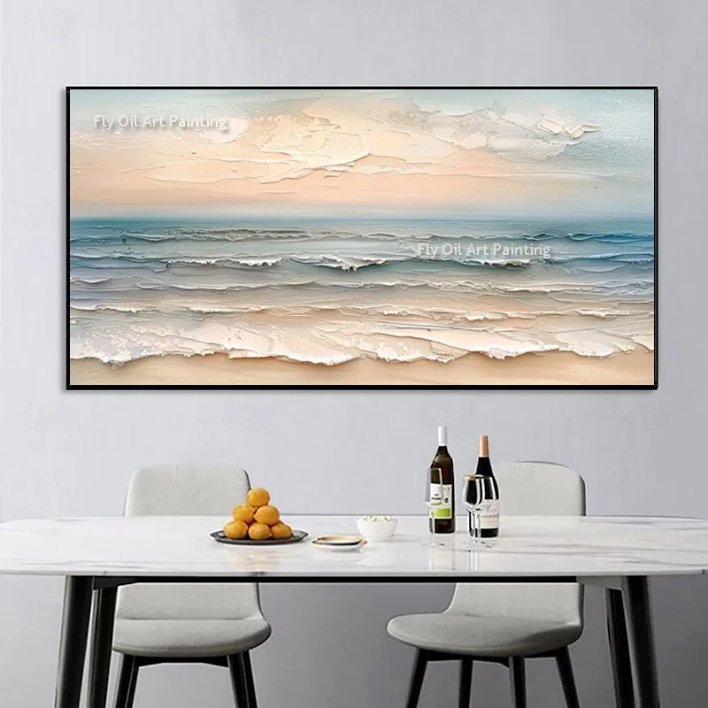 New Design Handmade Blue White Yellow Seascape Oil Painting Original Artwork Sea Sunset Wall Art On Canvas For Living Room Decor