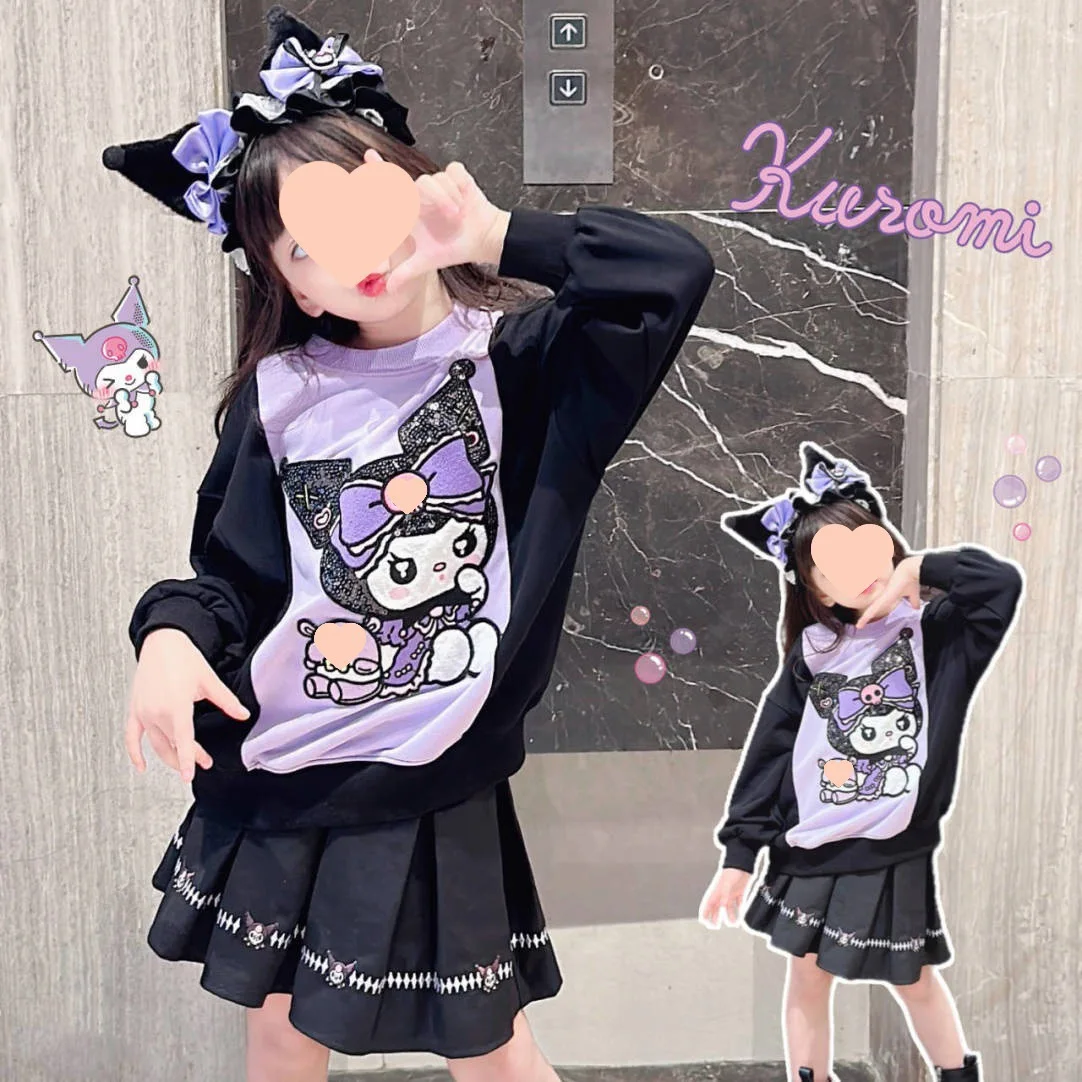 

Sanrio Kuromi Girls Hoodie Pleated Skirt Set Spring Autumn Child All-Match Pullover Short Skirt Cute Jacket Uniform Long Sleeves