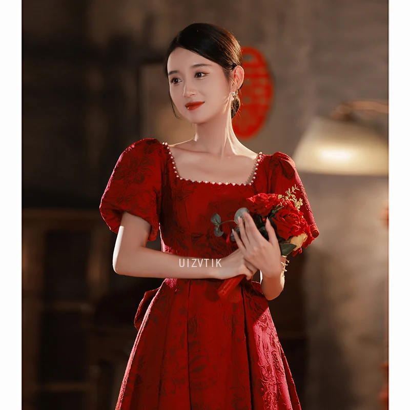 Burgundowa suknia ślubna w stylu francuskim księżniczka dla nowożeńców kobiety żakardowe Qipao 2025 elegancka suknia bankietowa z kokardą Robe De Soiree Vestidos