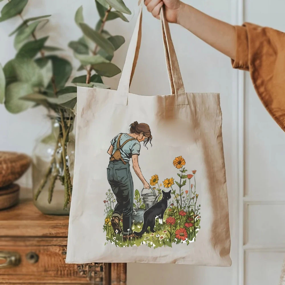 Gardening and Cat Tote Bag Wildflower Sunflower Women's Elegant Large Handbag  Large Capacity Female Shoulder Bag Cat Lover Gift