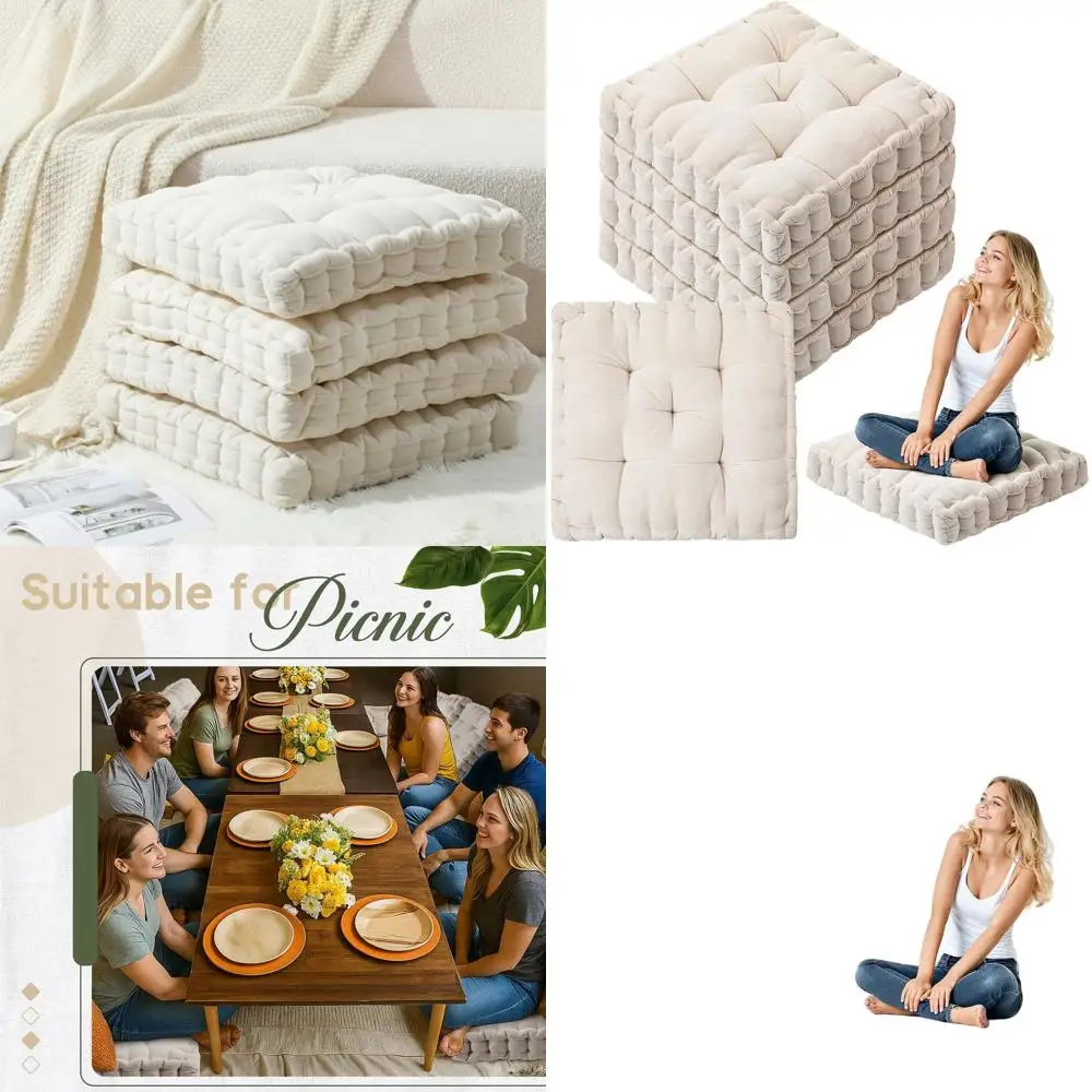 

Round Square Floor Pillows, 22x22 Inches, Large Meditation Cushions, Scalloped Edge, Ivory White, Set of 4