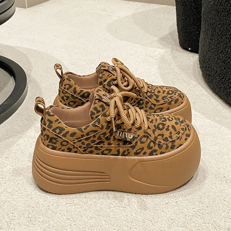 7CMWomen Casual Sports Shoes Heels High Platform Sneakers Wedge Height Increase Footwear Leather Leopard Comfy Chunky Sneakers