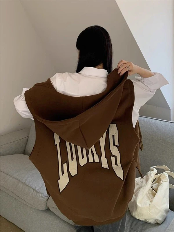 특대형 300 파운드 아메리칸 커피 레터 프린트 지퍼 후드 자켓 플러스 사이즈 조끼 중간 길이 아우터웨어