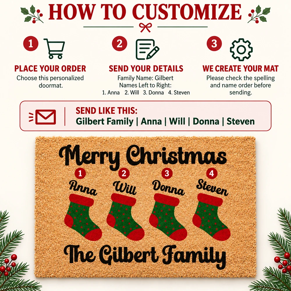 Christmas Doormat Personalized Family Names Custom Welcome Mat for Home Entrance Front Door Holiday Party New Home Gift Idea