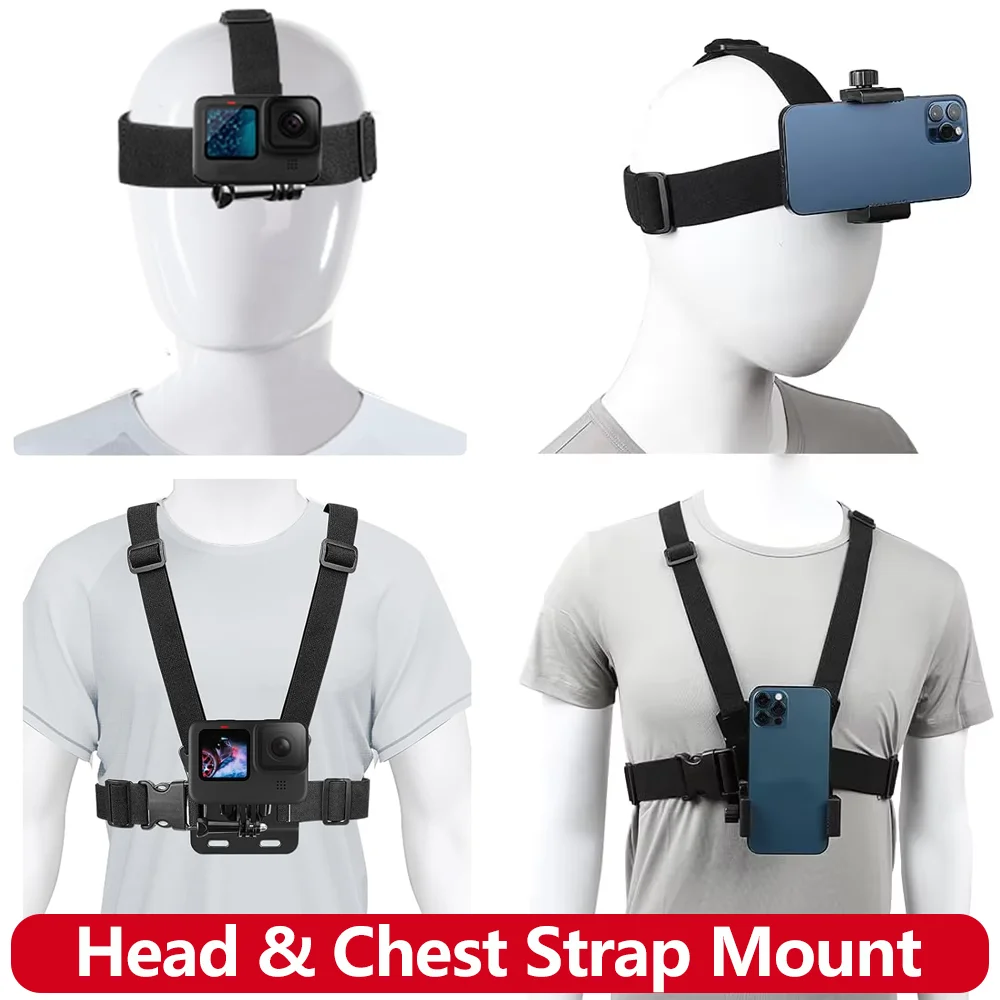 Accessories Kit Head & Chest Strap Mount Adjustable Phone for GoPro insta360 DJI OSMO Nano SJCAM AKASO Action Caemra Smartphones