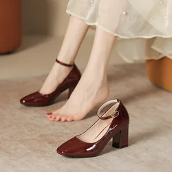 Size 31-43 Chunky 7cm High-heeled Shoes Mary Jane Women's Shoes Plus Size Patent Leather Pumps