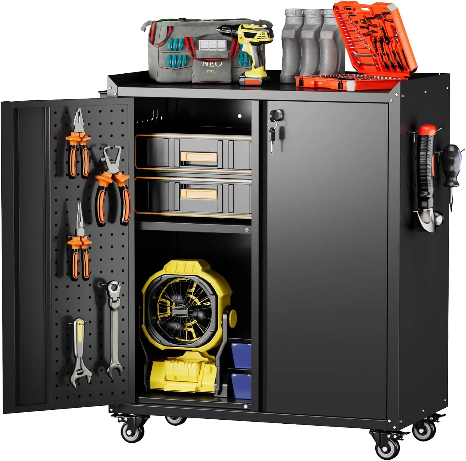 Heavy-Duty Metal Rolling Garage Storage Cabinet with Lockable Pegboard Doors, 4 Locking Swivel Casters, Adjustable Shelves & Side Pegboard