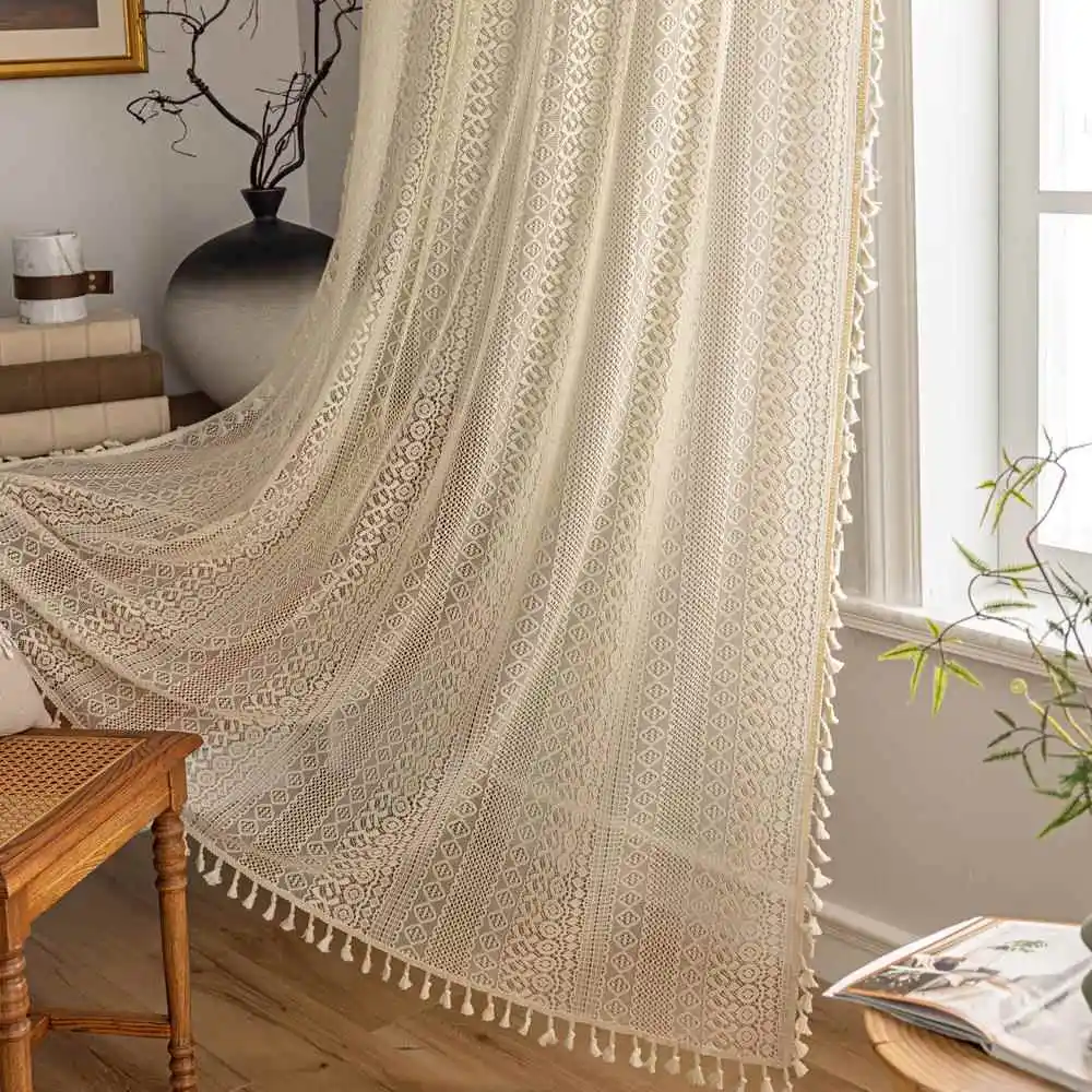 

American Style Country Lace Curtain Hooks Bedroom Balcony Living Room Window Screen Hollow out Knitting Process Finished Product