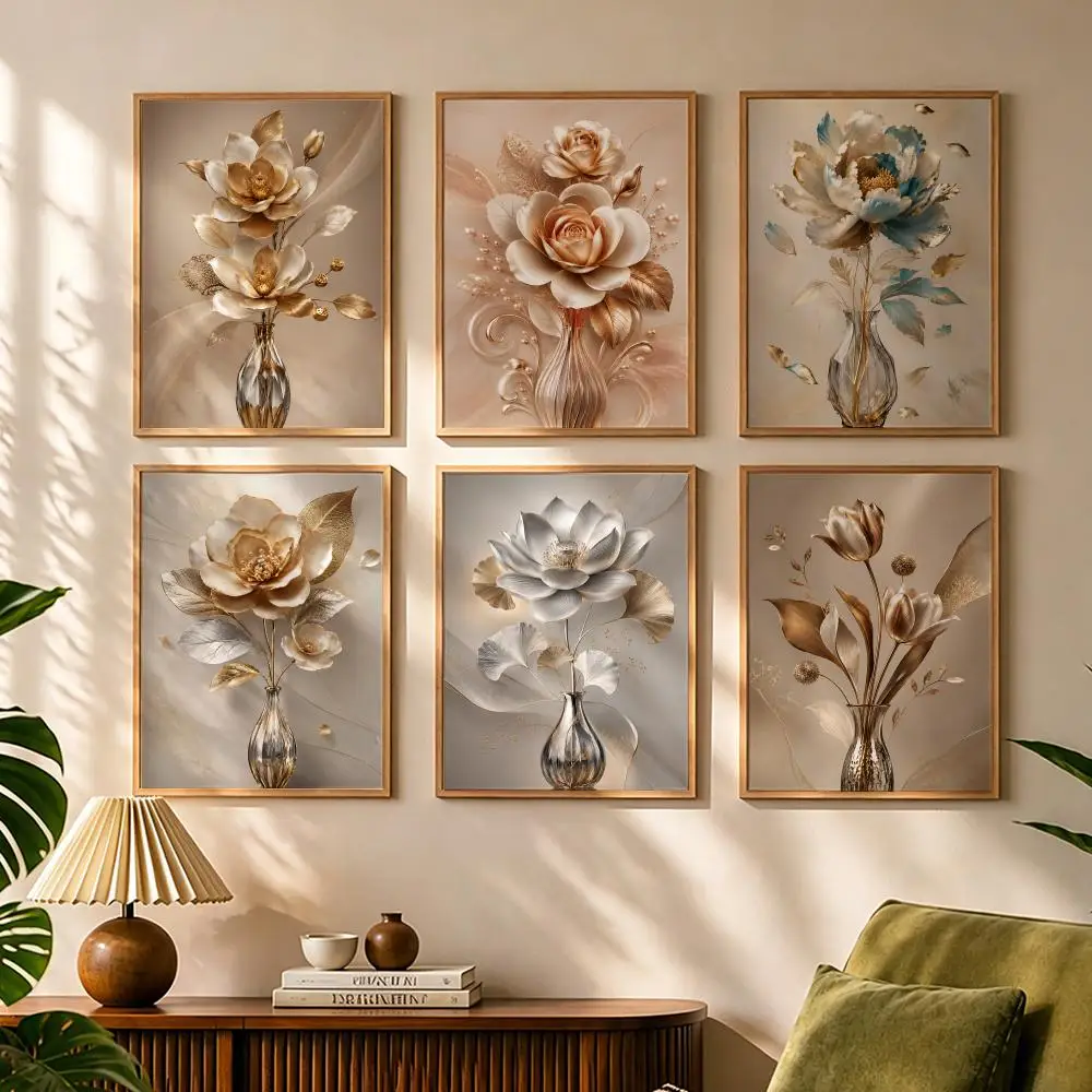 Golden Petal Vase Painting Calligraphy Minimalist Canvas Wall Art, Waterproof Fade-proof Gallery Decor For Living Room