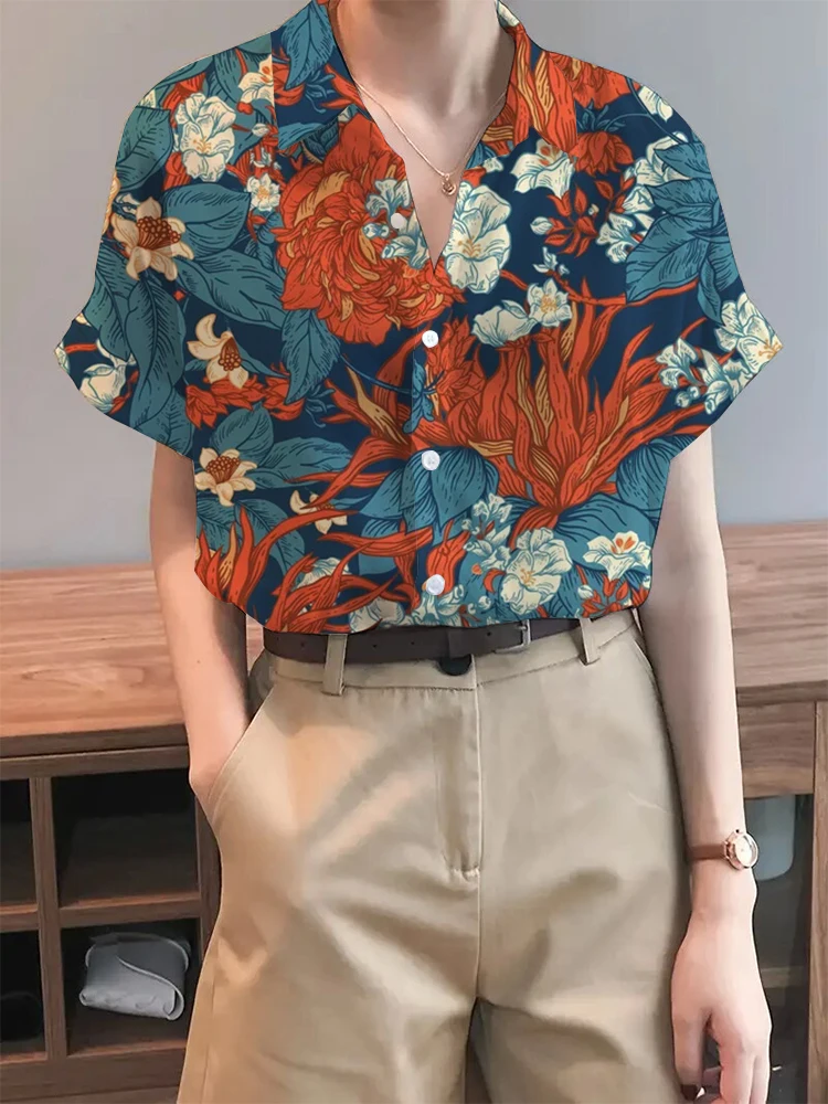 Holiday Style Printed Short Sleeve Shirt Ladies Lapel Button Short Sleeve Shirt Holiday Style Daily Elegant Casual Loose