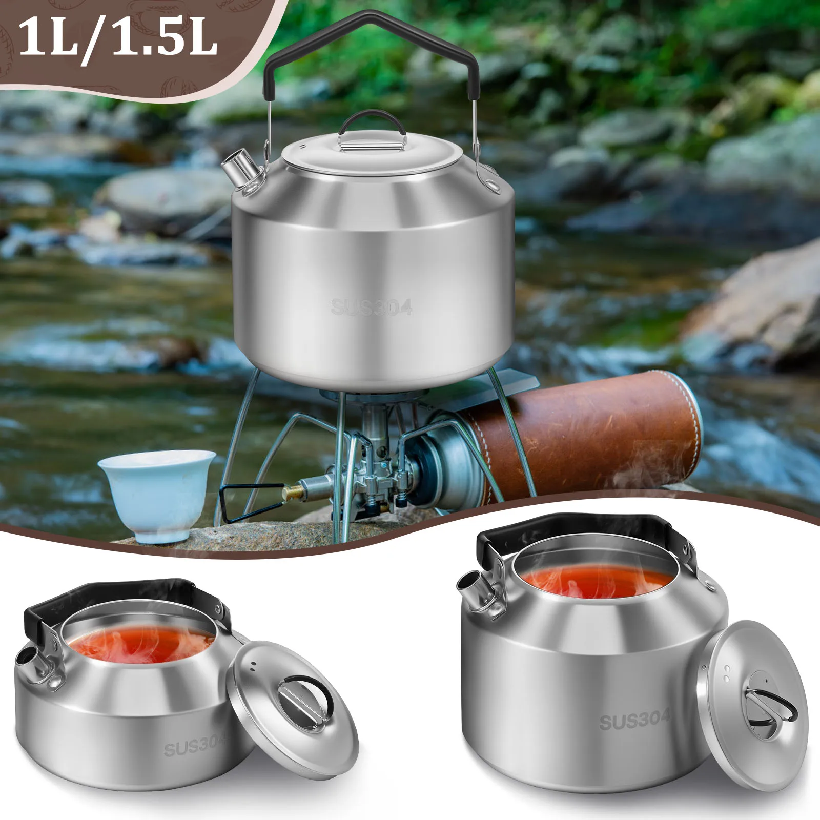 Bollitore da campeggio con manico antiscottatura Teiera da campo portatile in acciaio inossidabile per viaggi, attività all'aperto, teiera all'aperto