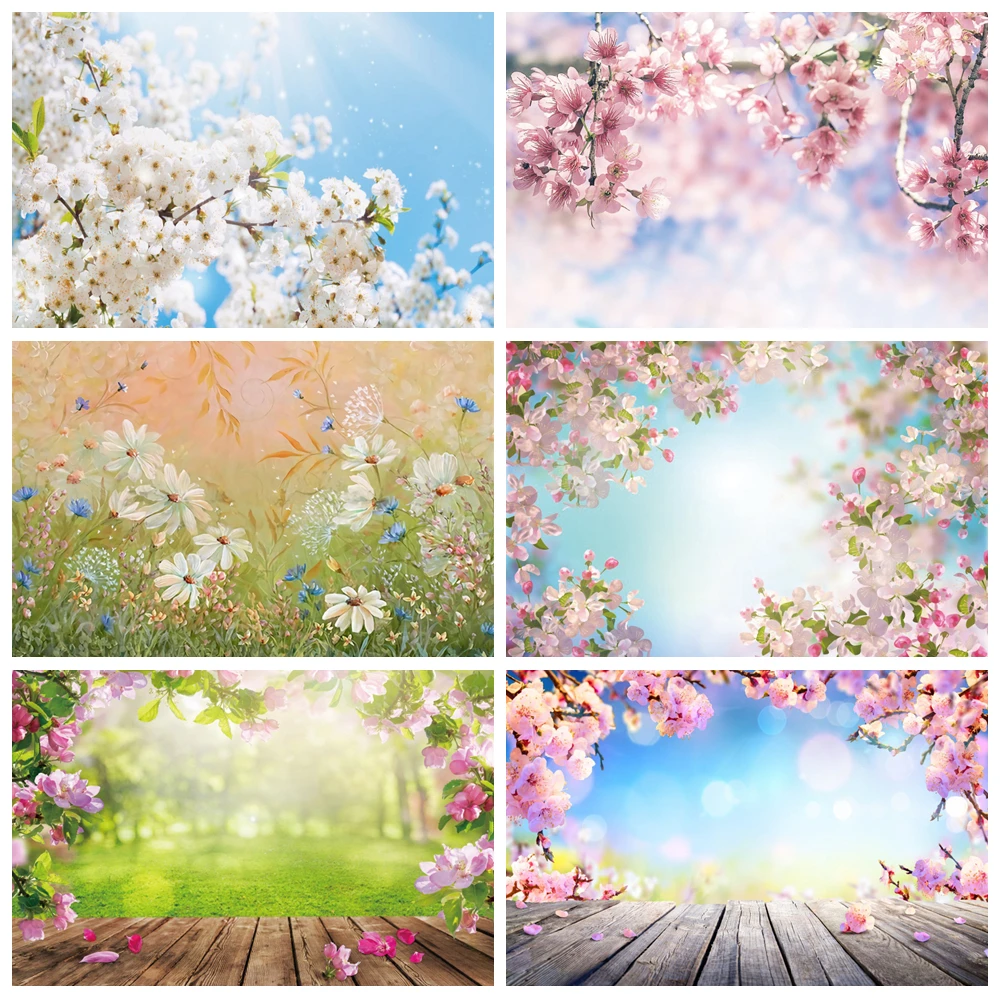 

Spring Pink Flower Photography Backdrop Floral Cherry Blossom Green Leaves Nature Scenery Baby Portrait Background Photo Studio