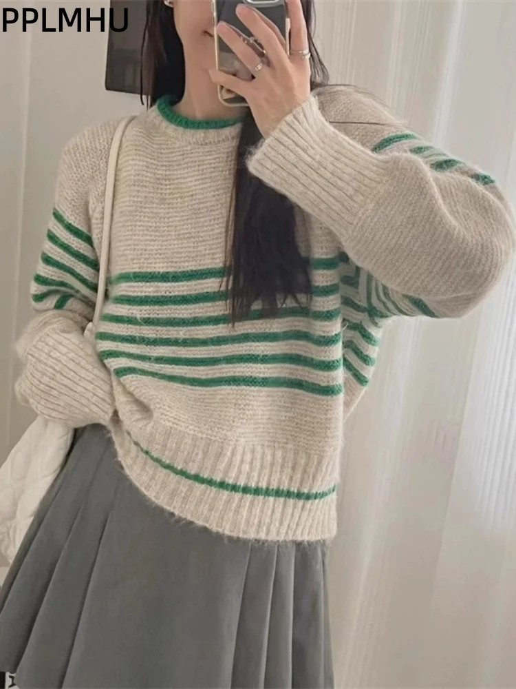 

Вязаный свитер контрастного цвета в полоску с круглым вырезом, мешковатые женские повседневные модные пуловеры, мягкий свободный утолщенный трикотаж Sueter