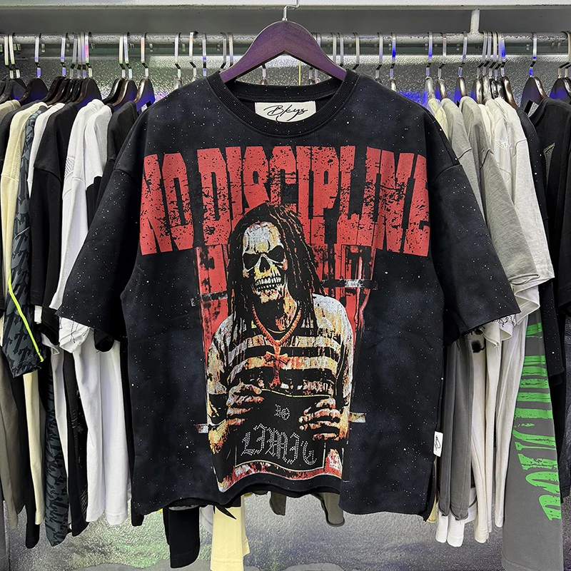 26ss BKYS T-Shirt American Vintage Skeleton Print Hip Hop Rock Streetwear Washed Distressed Terry Cloth Short Sleeve Tee