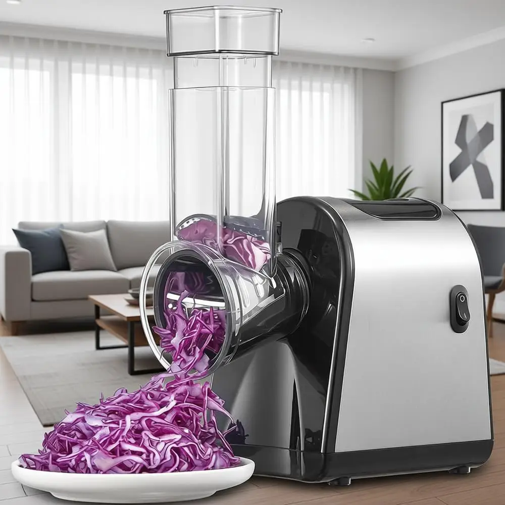 

Electric Cheese Grater with 6 Interchangeable Blades for Slicing, Shredding & Zesting | Stainless Steel Blades, Easy Meal Prep