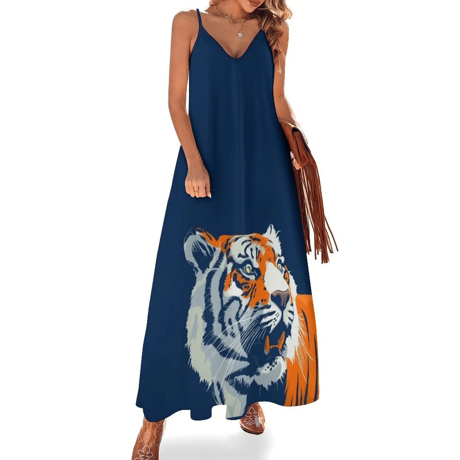 

Bengal Tiger Orange and Blue Sleeveless Long Dress Woman fashion wedding dresses for parties Summer women's clothing Dress