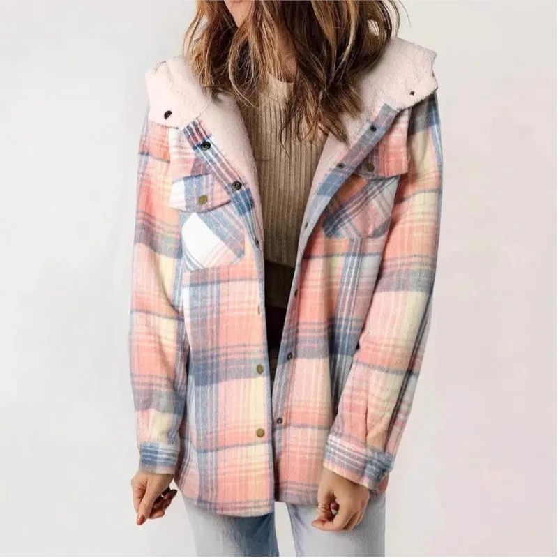 Casual Lose Tasche Warme Weibliche Hemd Jacke 2025, Vintage Büro Dame Winter Mantel Mode Frauen Langarm Kariertes Hemd Mantel