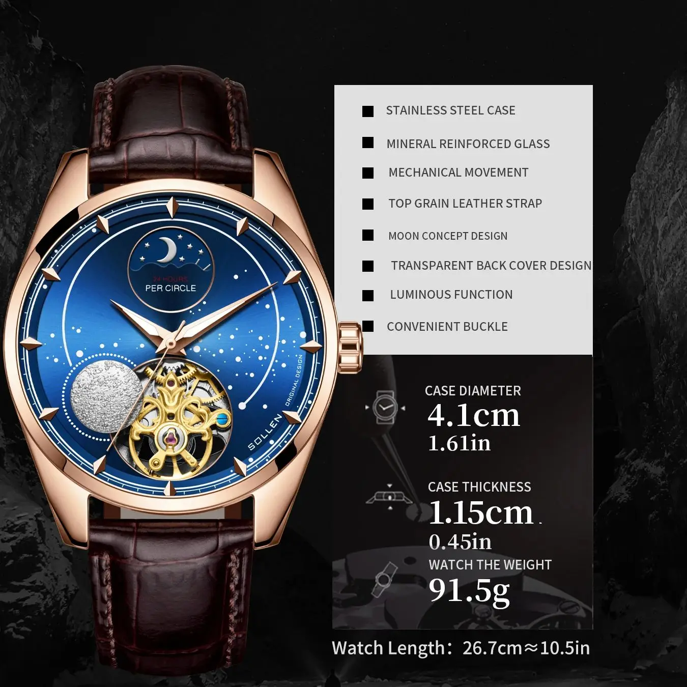 SOLLEN 남성용 완전 자동 기계식 시계, 스타 문 디자인, 컨셉 패션 비즈니스 벨트