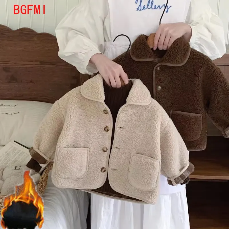 High-quality Boys Velvet Thick Wool Single Breasted Coat 2024 Autumn/Winter New Warm Lamb Wool Top Baby Winter Girls Collar Coat