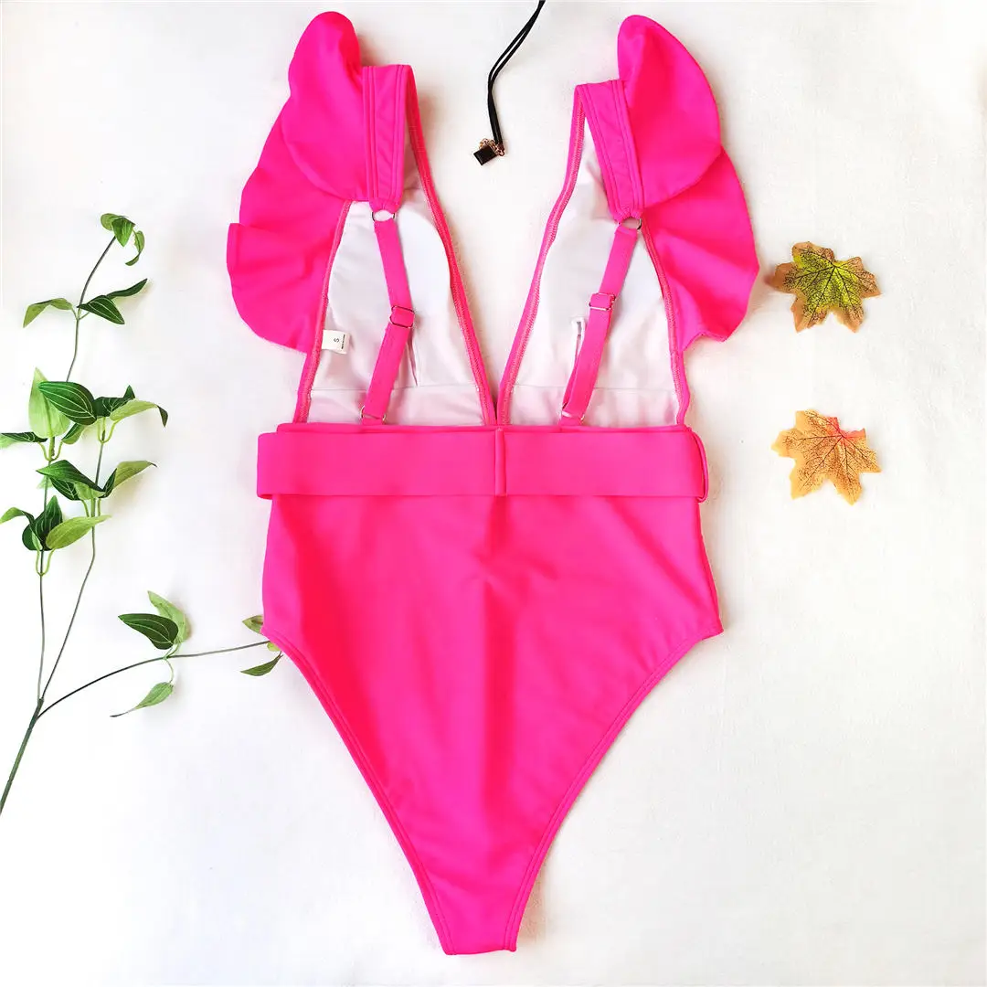 Weißer, sexy, geraffter, tief ausgeschnittener, einteiliger Badeanzug für Damen, Badebekleidung für Frauen mit Gürtel, Monokini, Badeanzug, Badebekleidung für Damen, V2198 – Detail 28