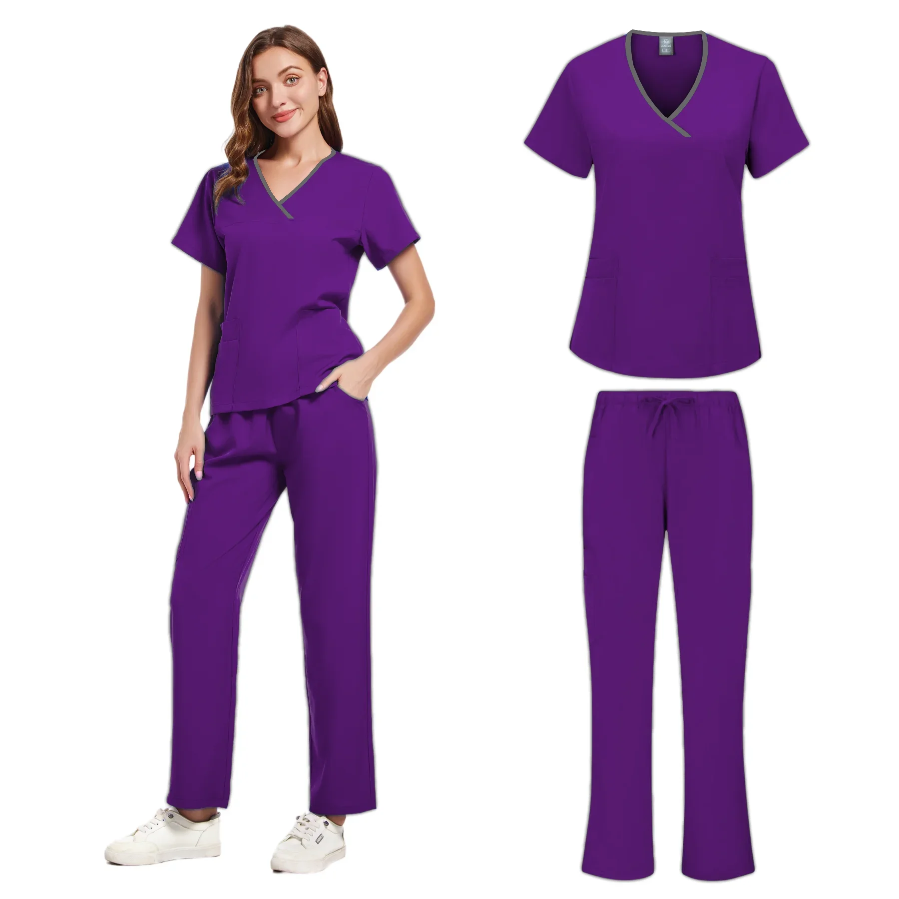 Medisch Uniform Trendy Dames Scrub Set Stretch Zachte Y-Hals Top Broek Ziekenhuis Pet Clinic Arts Kostuum Contrasterende Kleuren