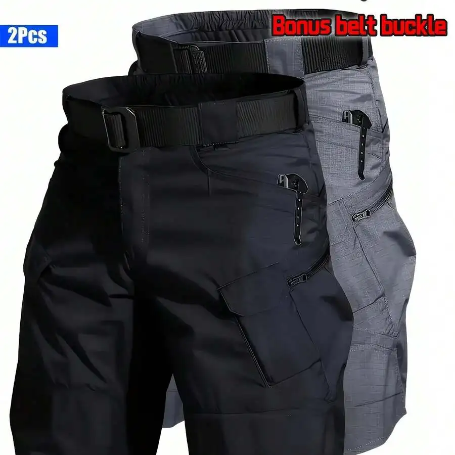 

2pcs Men'S Tactical Cargo Shorts | Solid Color, Multi-Function Pockets, Regular Fit, Bonus Belt Buckle | Suitable For Outdoor