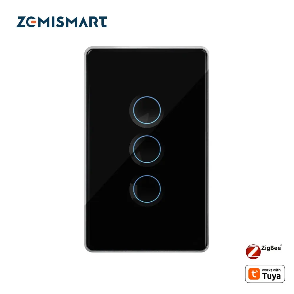 Zemismart Zigbee Wall Light Switch with Neutral 1 2 3 4 Gang Touch Switch with Tempered Glass Black Panel Work with Tuya Alexa